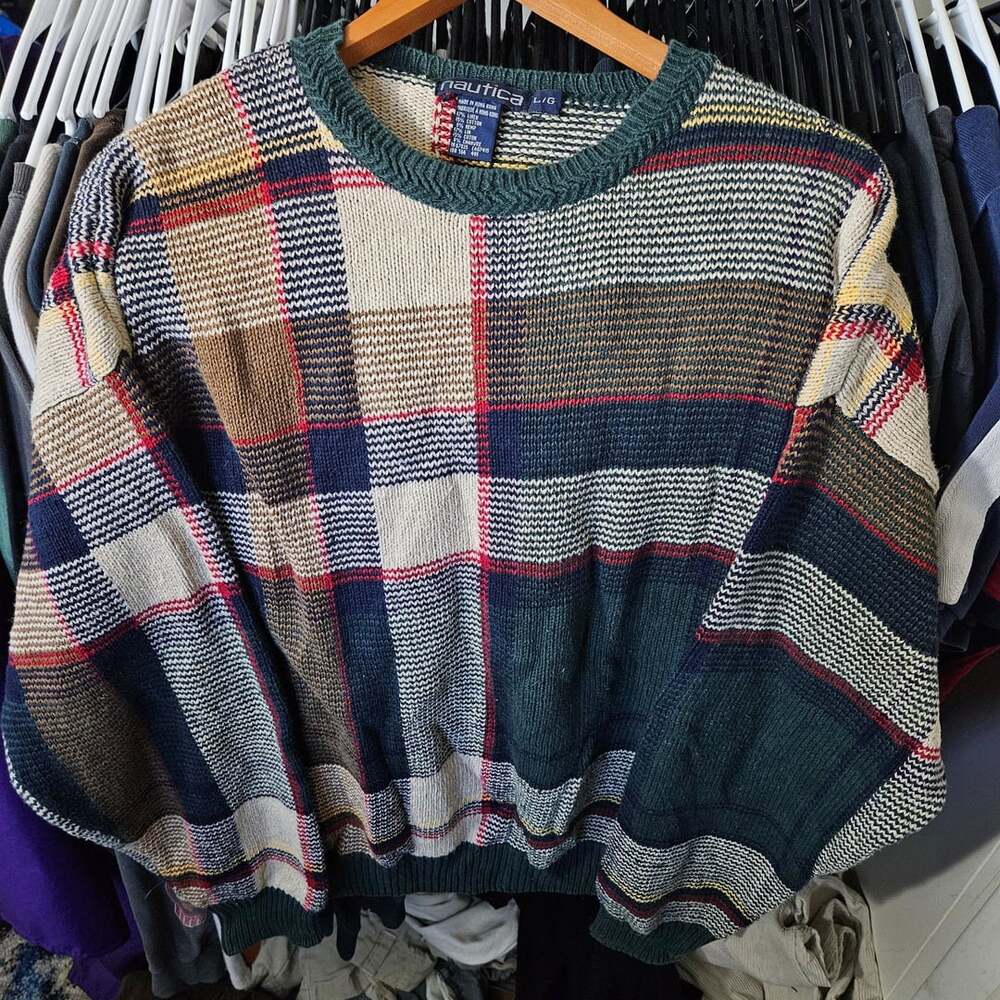 Nautica Plaid Crewneck Sweater Size L Multicolor Cotton Knit